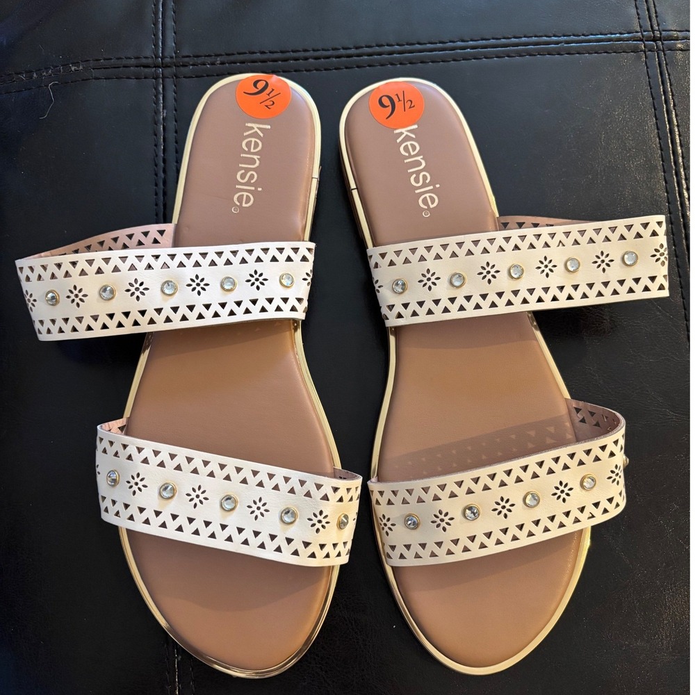 Kensie Medina-B Women Cream Laser Cut Rhinestone Double Strap Slide Sandals 9.5M